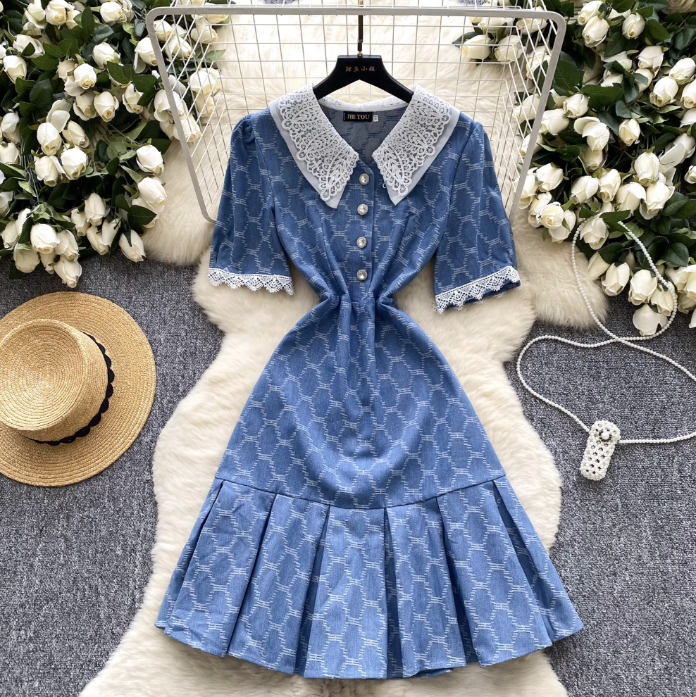 Vintage Plaid Denim Crochet Dress
