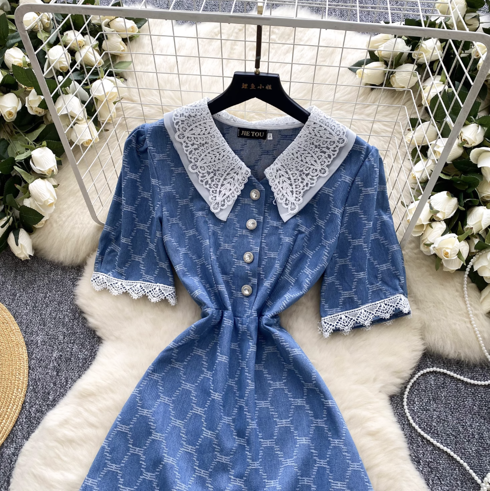Vintage Plaid Denim Crochet Dress