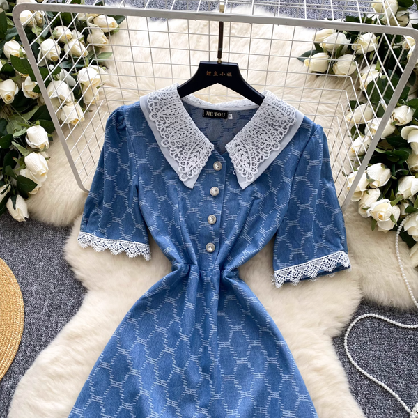 Vintage Plaid Denim Crochet Dress