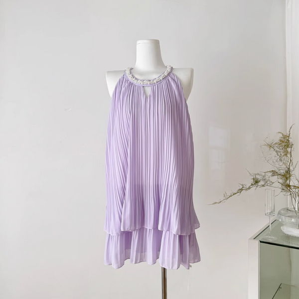 Purple Pleated Beaded Halter Dress