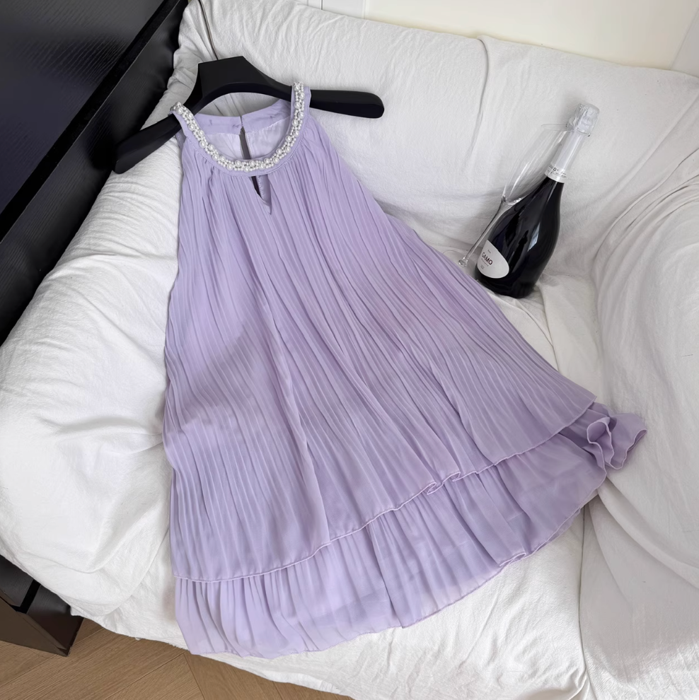 Purple Pleated Beaded Halter Dress