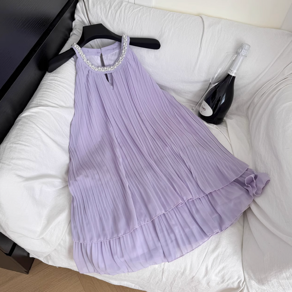 Purple Pleated Beaded Halter Dress