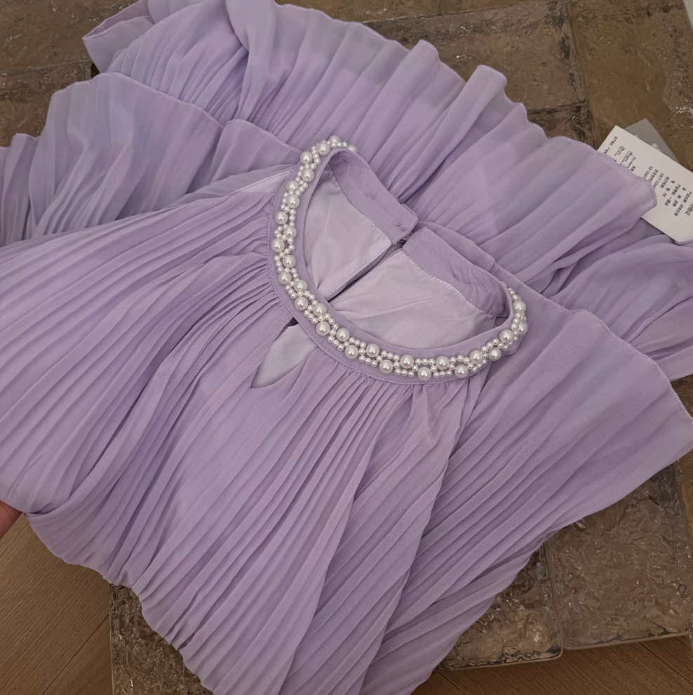 Purple Pleated Beaded Halter Dress