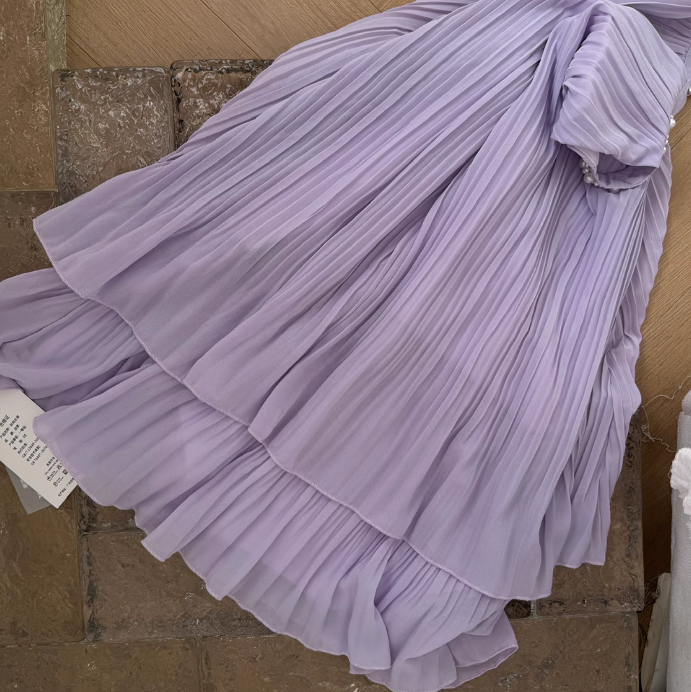 Purple Pleated Beaded Halter Dress