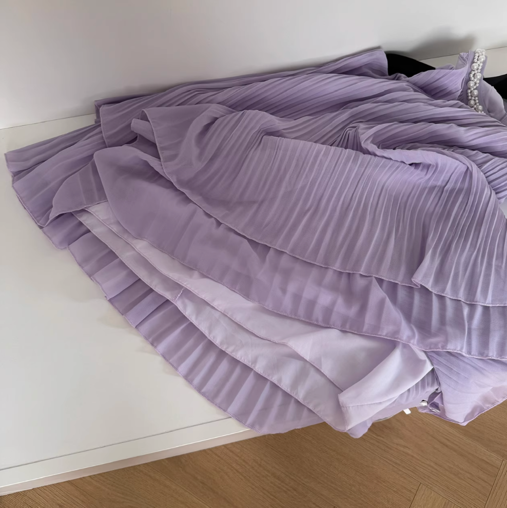 Purple Pleated Beaded Halter Dress