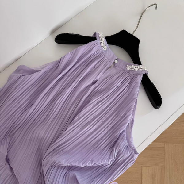 Purple Pleated Beaded Halter Dress