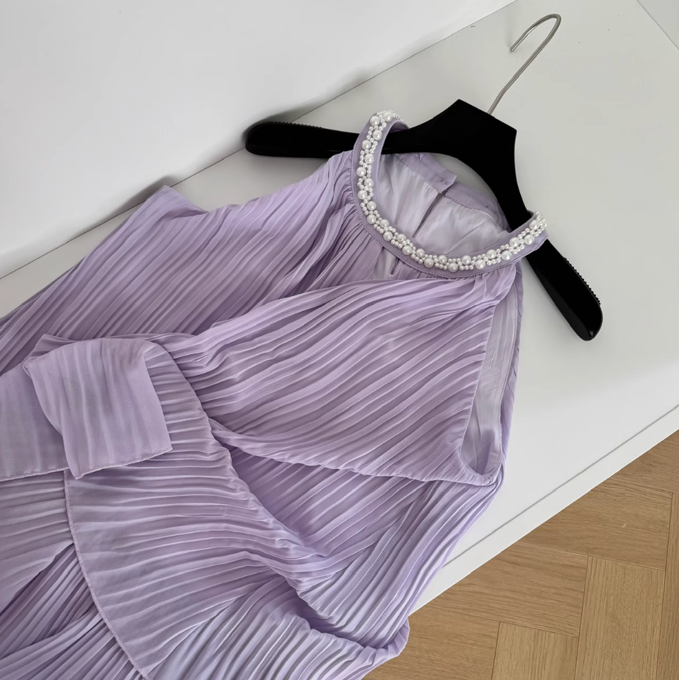 Purple Pleated Beaded Halter Dress