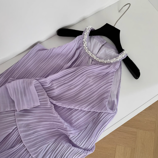 Purple Pleated Beaded Halter Dress