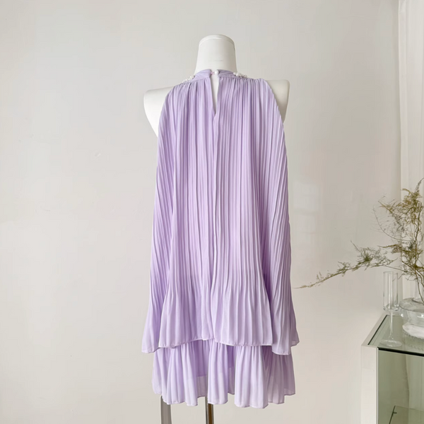 Purple Pleated Beaded Halter Dress