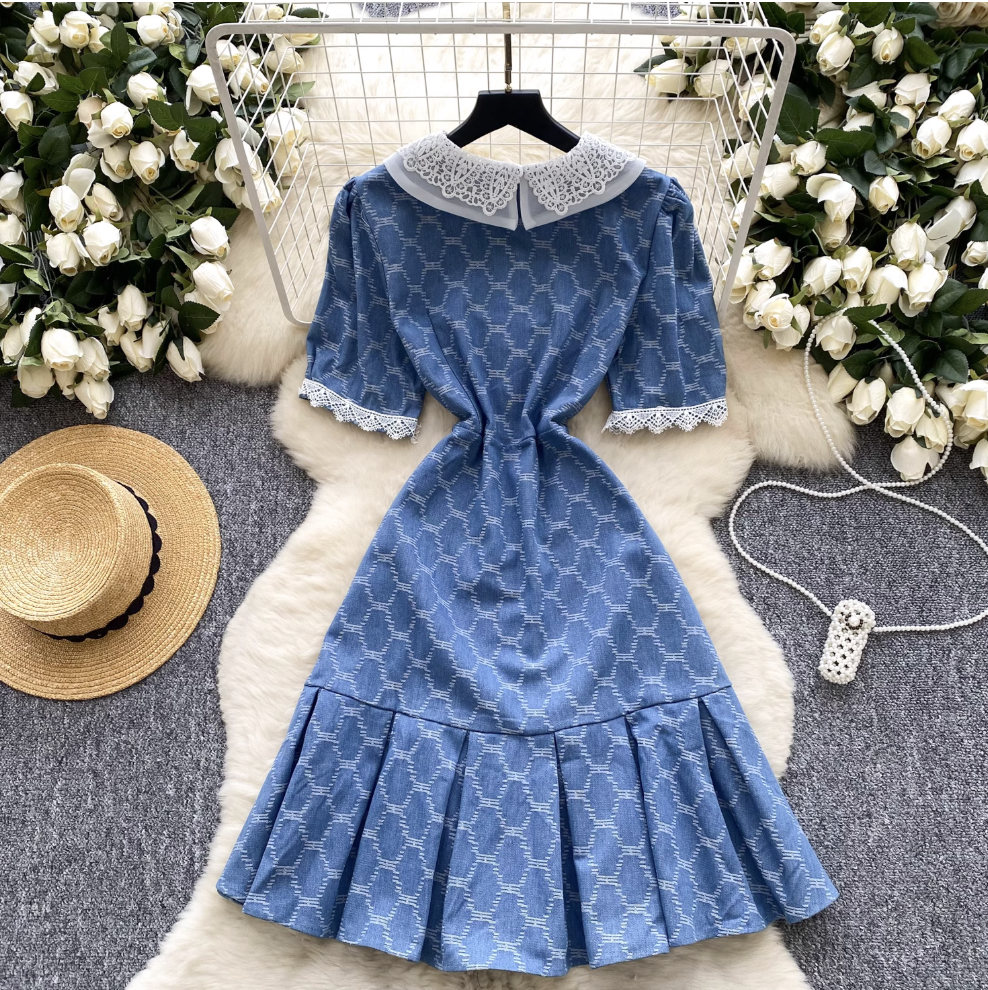 Vintage Plaid Denim Crochet Dress