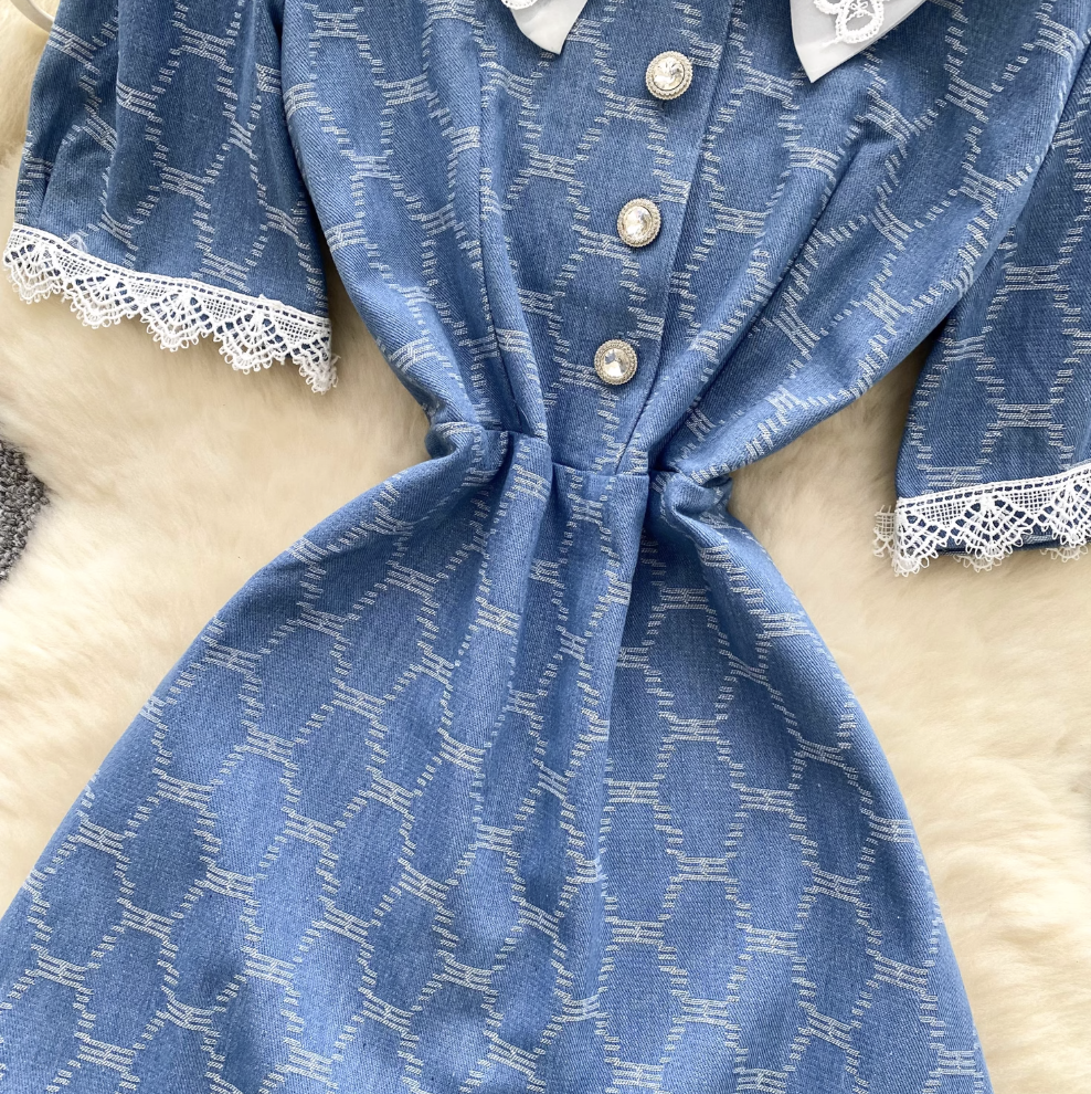 Vintage Plaid Denim Crochet Dress