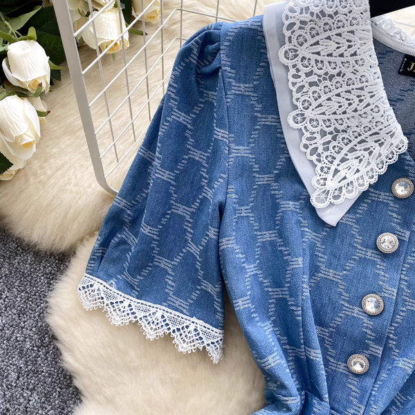 Vintage Plaid Denim Crochet Dress