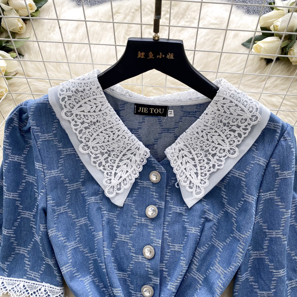 Vintage Plaid Denim Crochet Dress