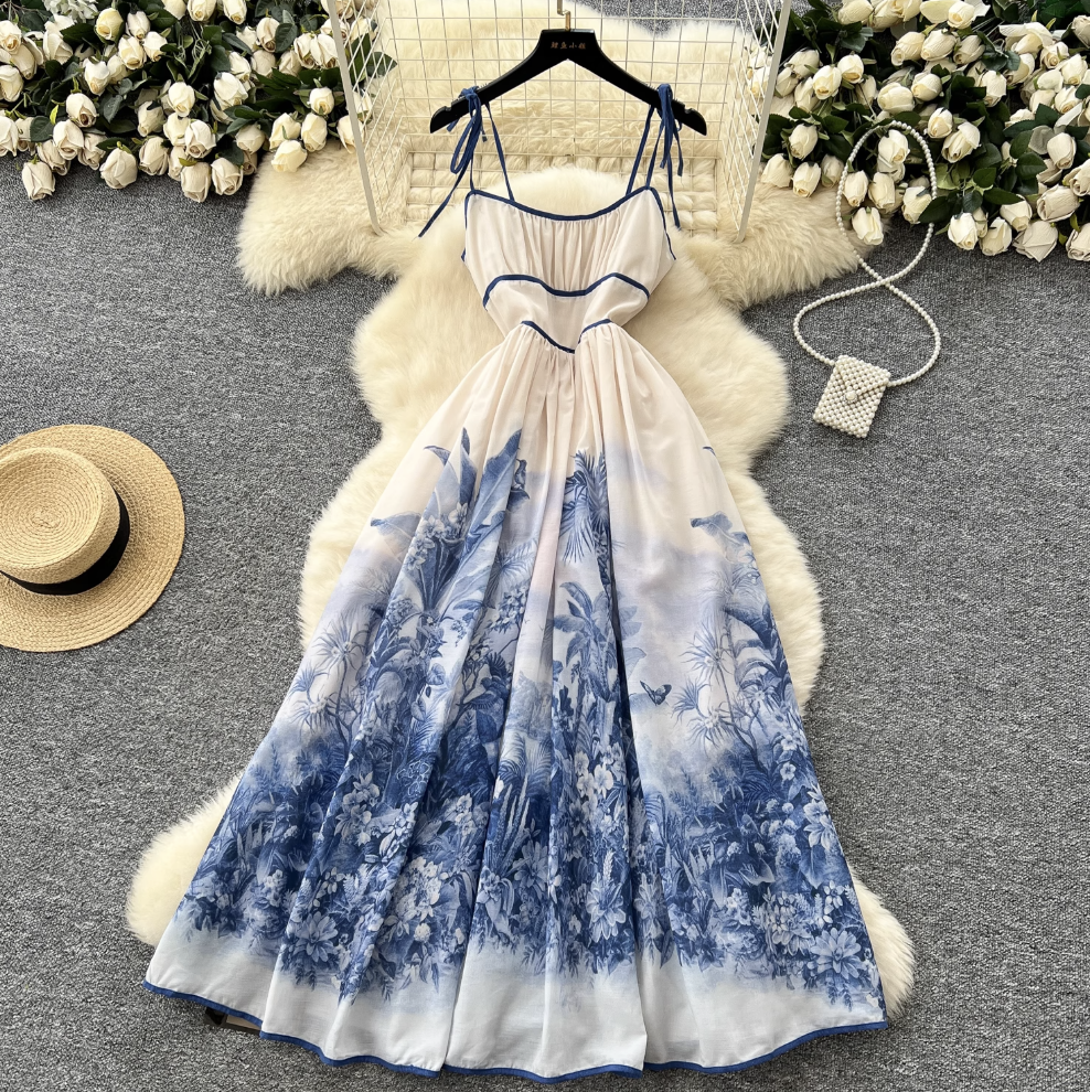 Ethnic Celadon Printed Lace-up Dress