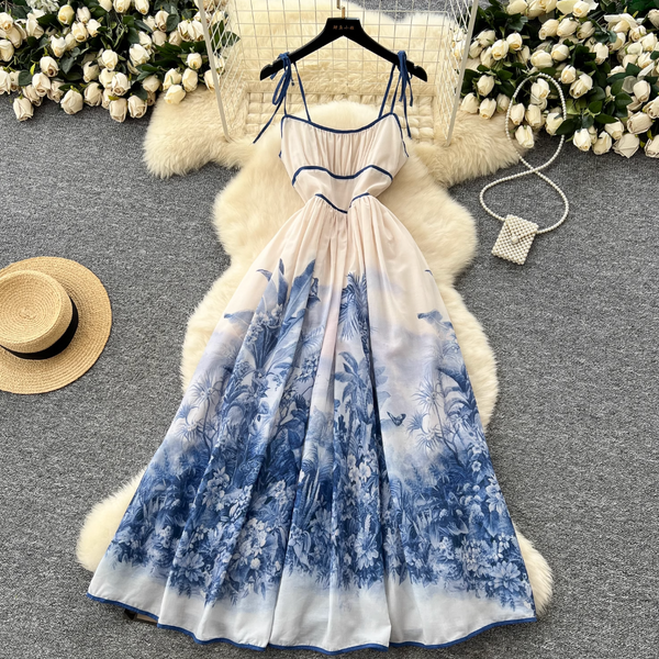 Ethnic Celadon Printed Lace-up Dress