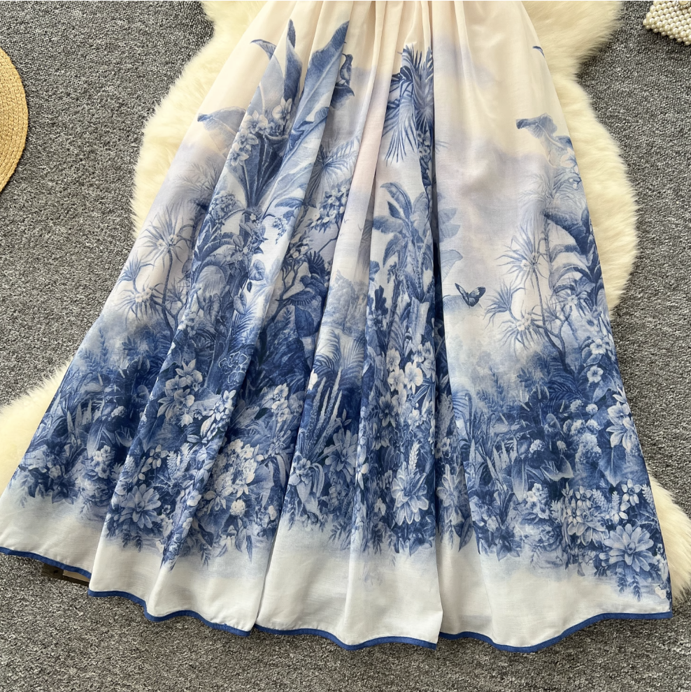 Ethnic Celadon Printed Lace-up Dress