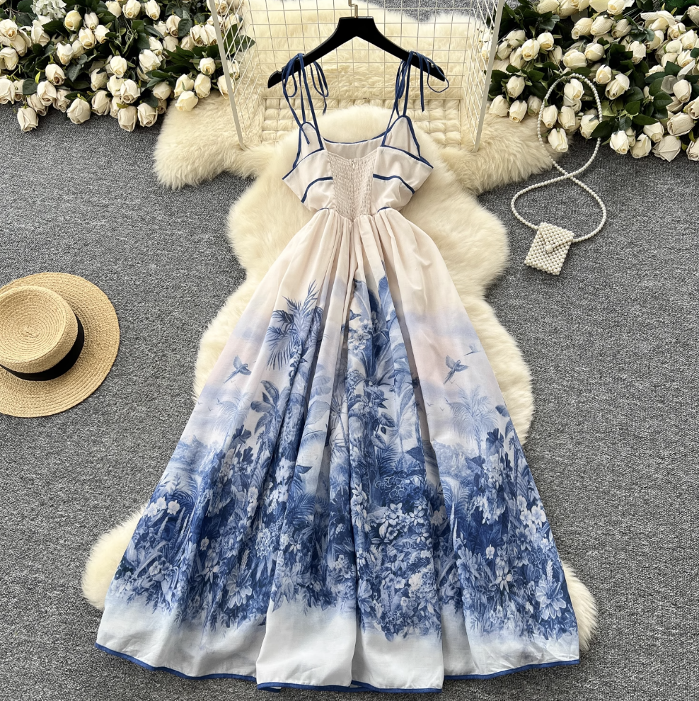 Ethnic Celadon Printed Lace-up Dress