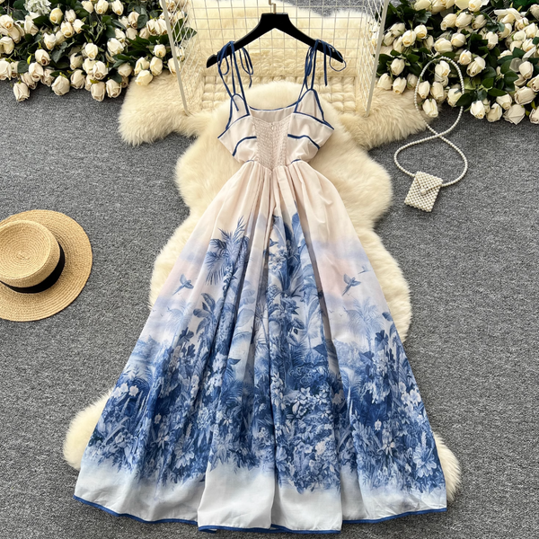 Ethnic Celadon Printed Lace-up Dress