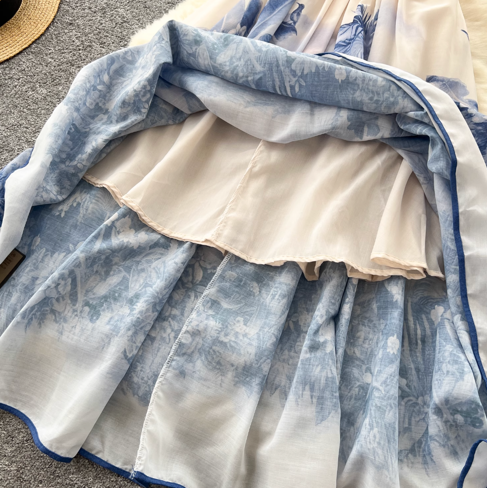 Ethnic Celadon Printed Lace-up Dress