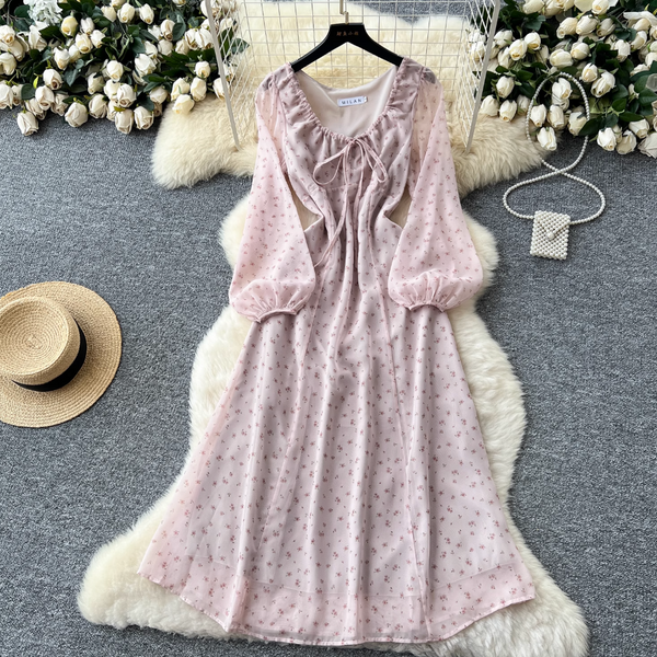 French Style Lace-up Pink Floral Dress
