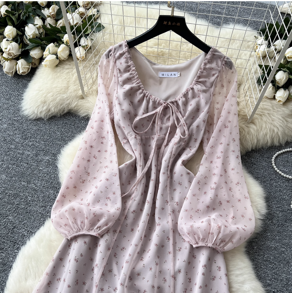 French Style Lace-up Pink Floral Dress