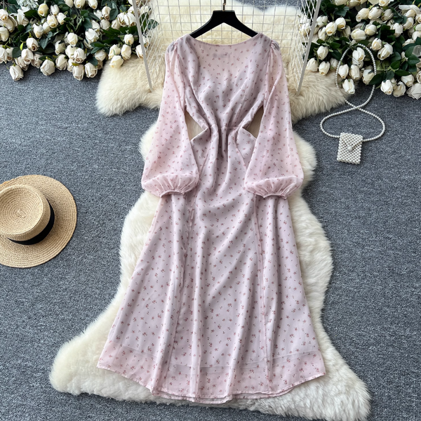 French Style Lace-up Pink Floral Dress