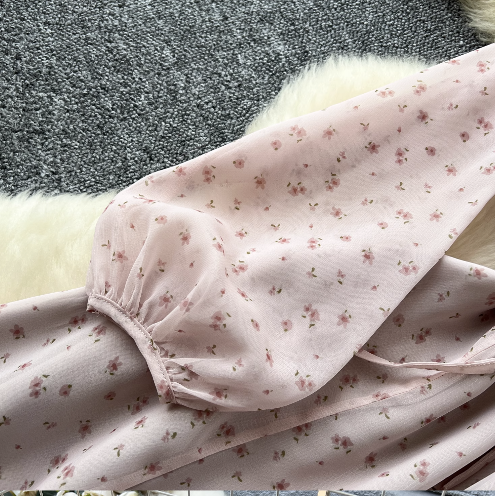 French Style Lace-up Pink Floral Dress