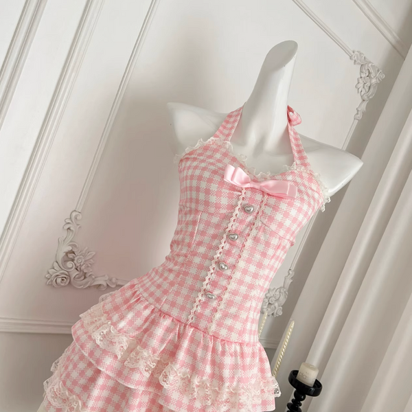 Sweetie Plaid Puffy Halter Dress