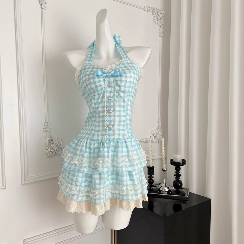 Sweetie Plaid Puffy Halter Dress