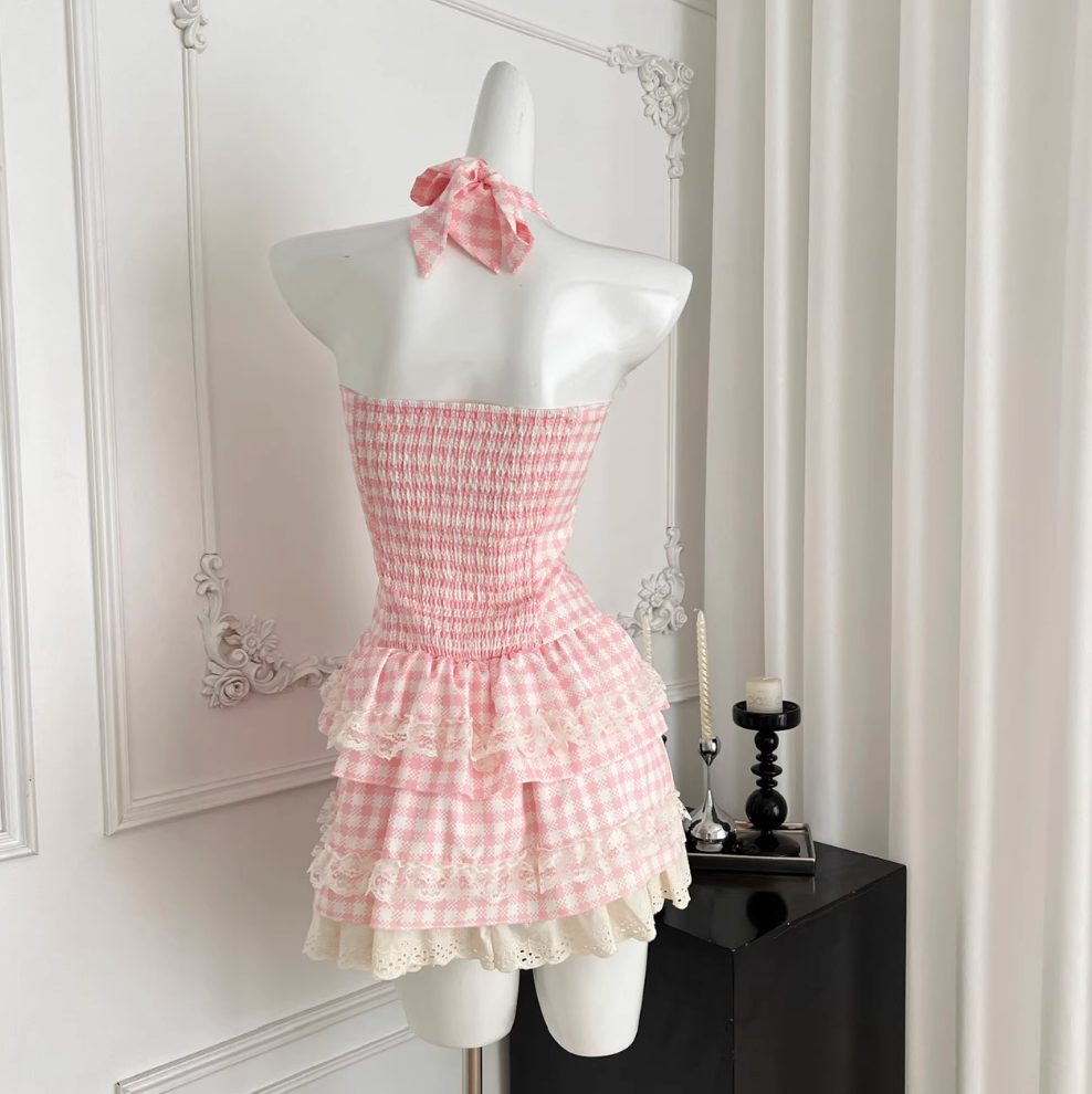Sweetie Plaid Puffy Halter Dress