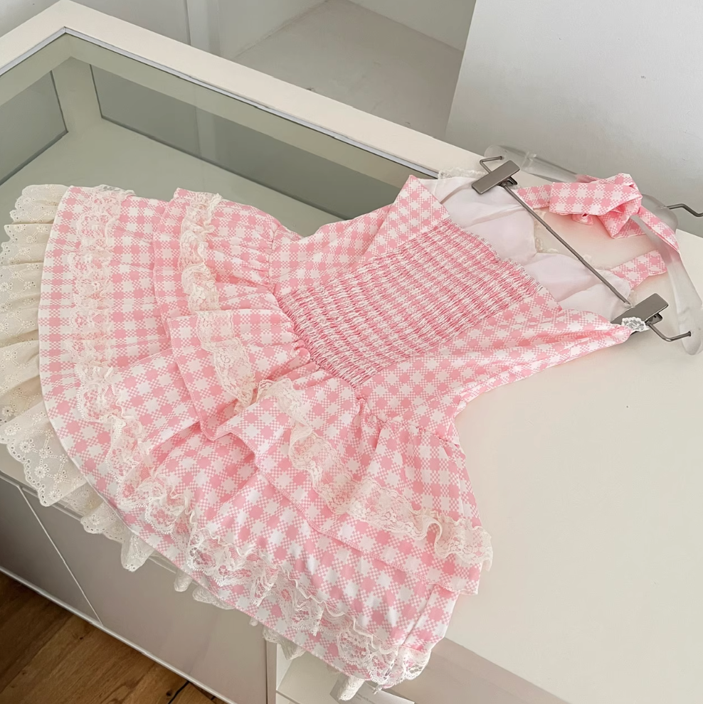Sweetie Plaid Puffy Halter Dress