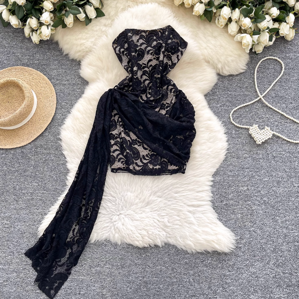 Off-shoulder Embroidered Black Lace Dress