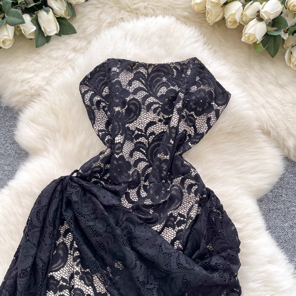 Off-shoulder Embroidered Black Lace Dress