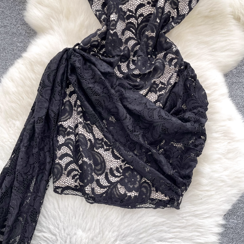 Off-shoulder Embroidered Black Lace Dress