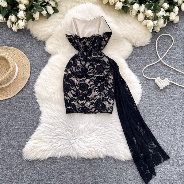 Off-shoulder Embroidered Black Lace Dress