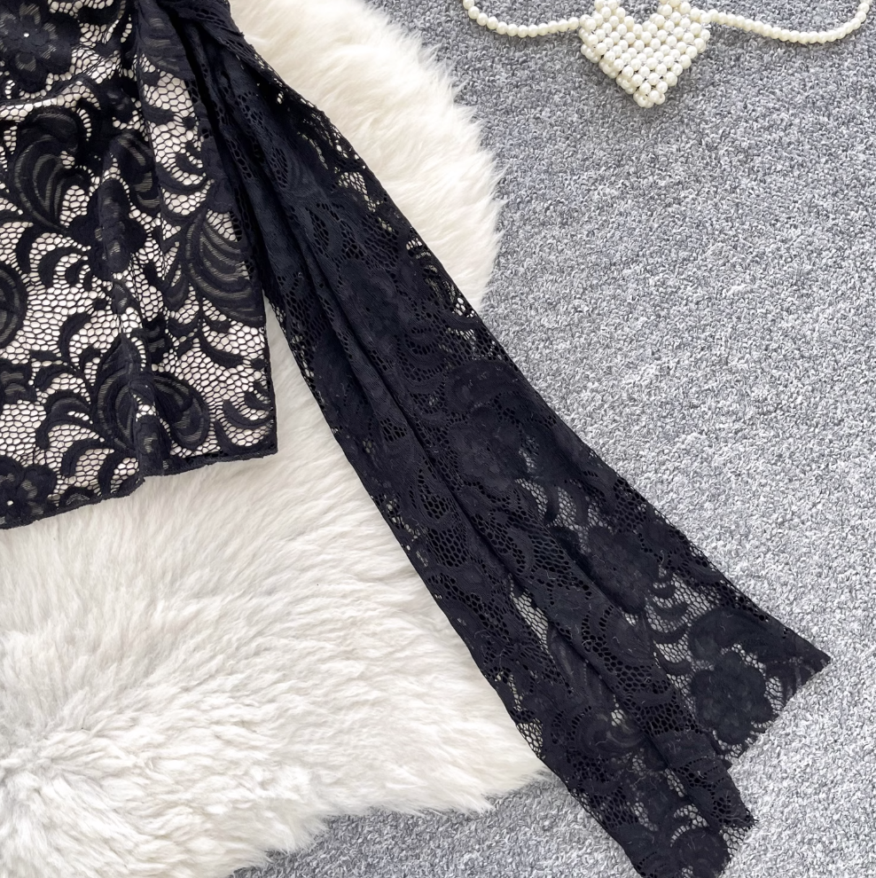 Off-shoulder Embroidered Black Lace Dress