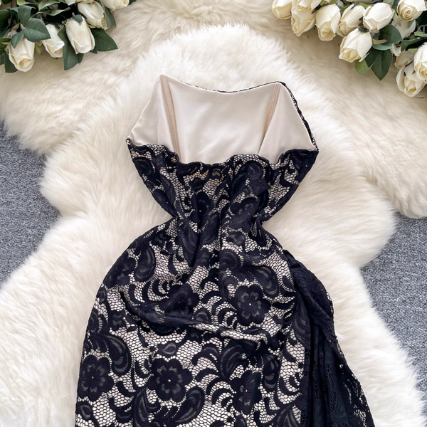 Off-shoulder Embroidered Black Lace Dress