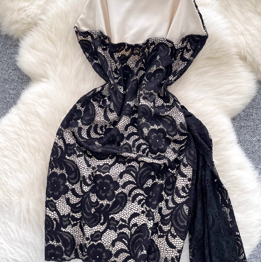 Off-shoulder Embroidered Black Lace Dress