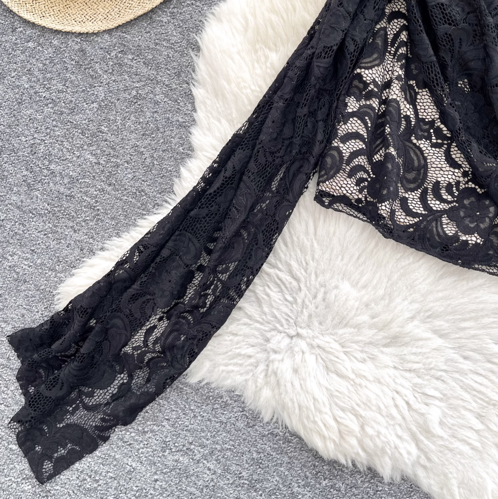 Off-shoulder Embroidered Black Lace Dress