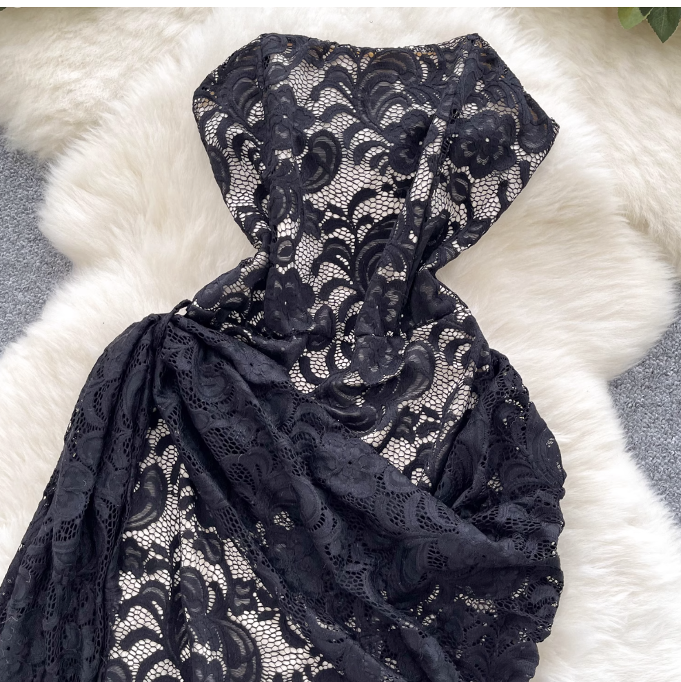 Off-shoulder Embroidered Black Lace Dress