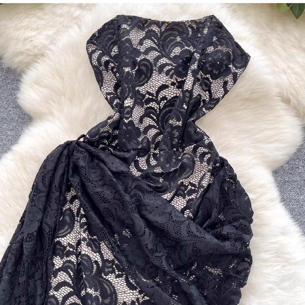 Off-shoulder Embroidered Black Lace Dress