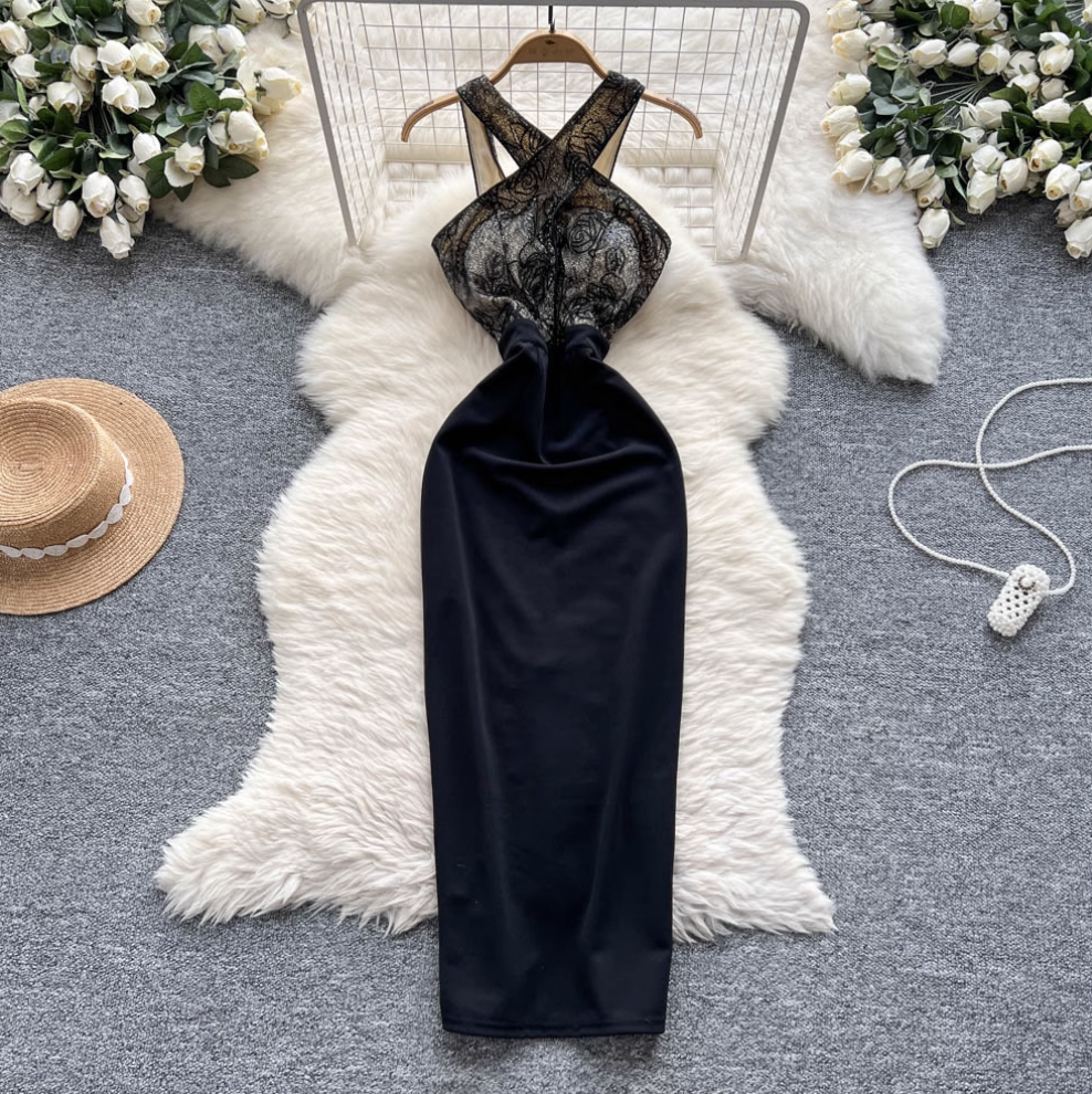Elegant Embroidered Black Halter Dress