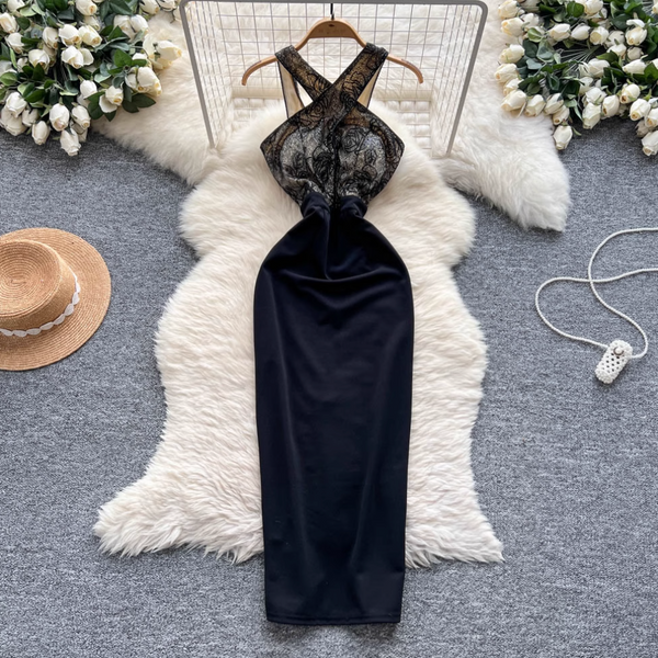 Elegant Embroidered Black Halter Dress
