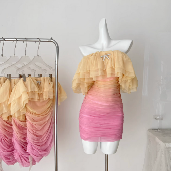 Off-shoulder Gradient Color Mesh Dress