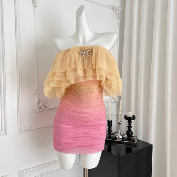 Off-shoulder Gradient Color Mesh Dress