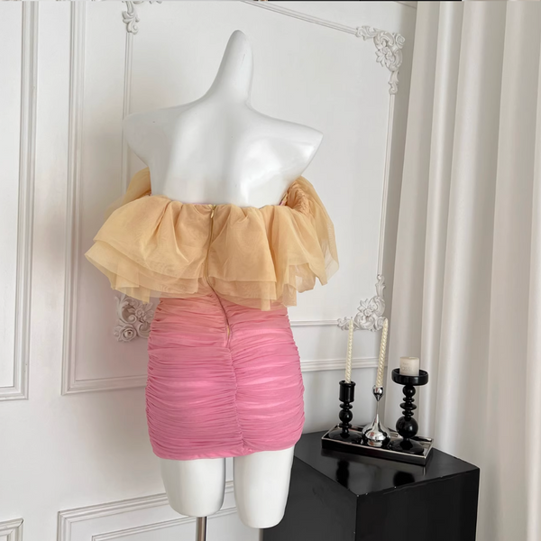 Off-shoulder Gradient Color Mesh Dress