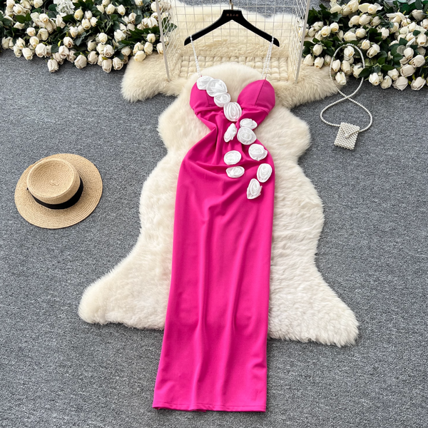 3D Flower Backless Beaded Slip Dress