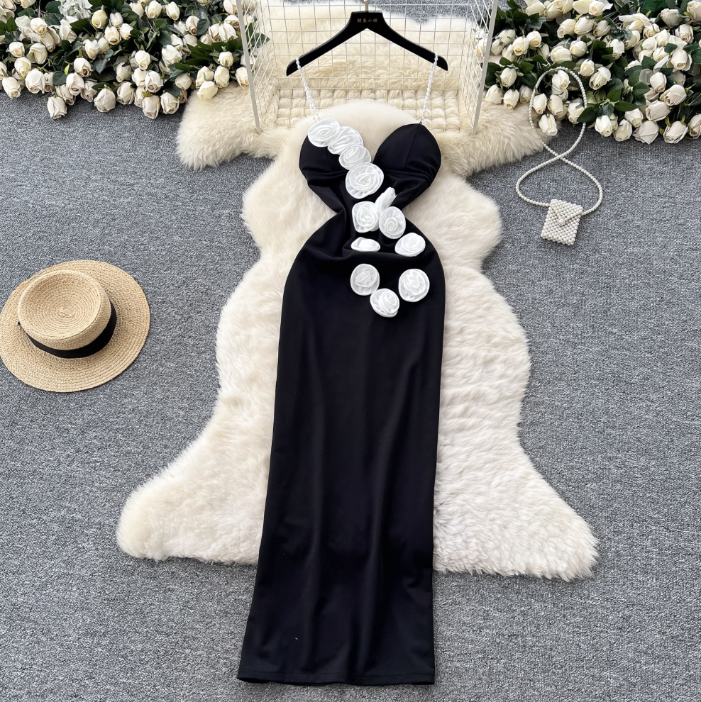 3D Flower Backless Beaded Slip Dress