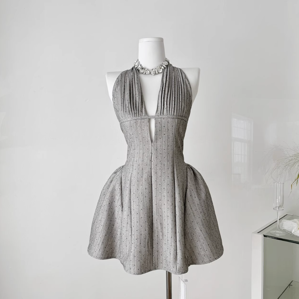 Elegant Gray Backless Halter Dress