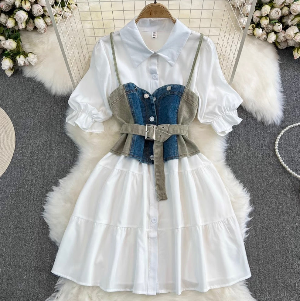Denim Vest & White Shirt Dress 2Pcs